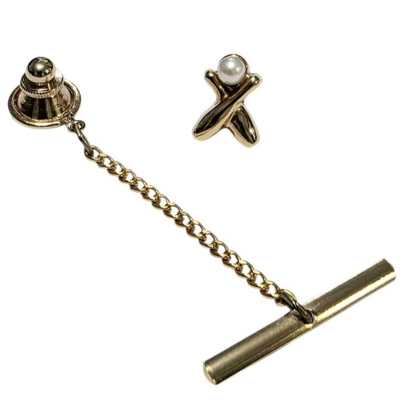 Vintage Swank Tie Tack Bowling Pins Cultured Pearl Ball Gold Tone Original Box - Picture 2 of 6